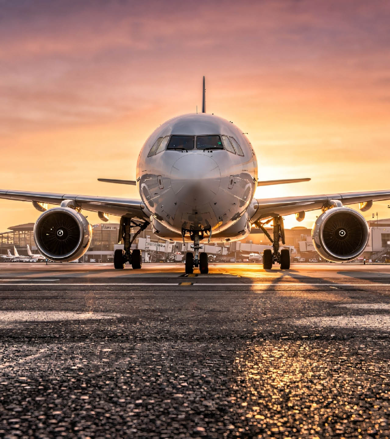 Front View of Large Passenger Jet on Airport Runway at Sunset with Terminal in Background, Global Aviation Concept