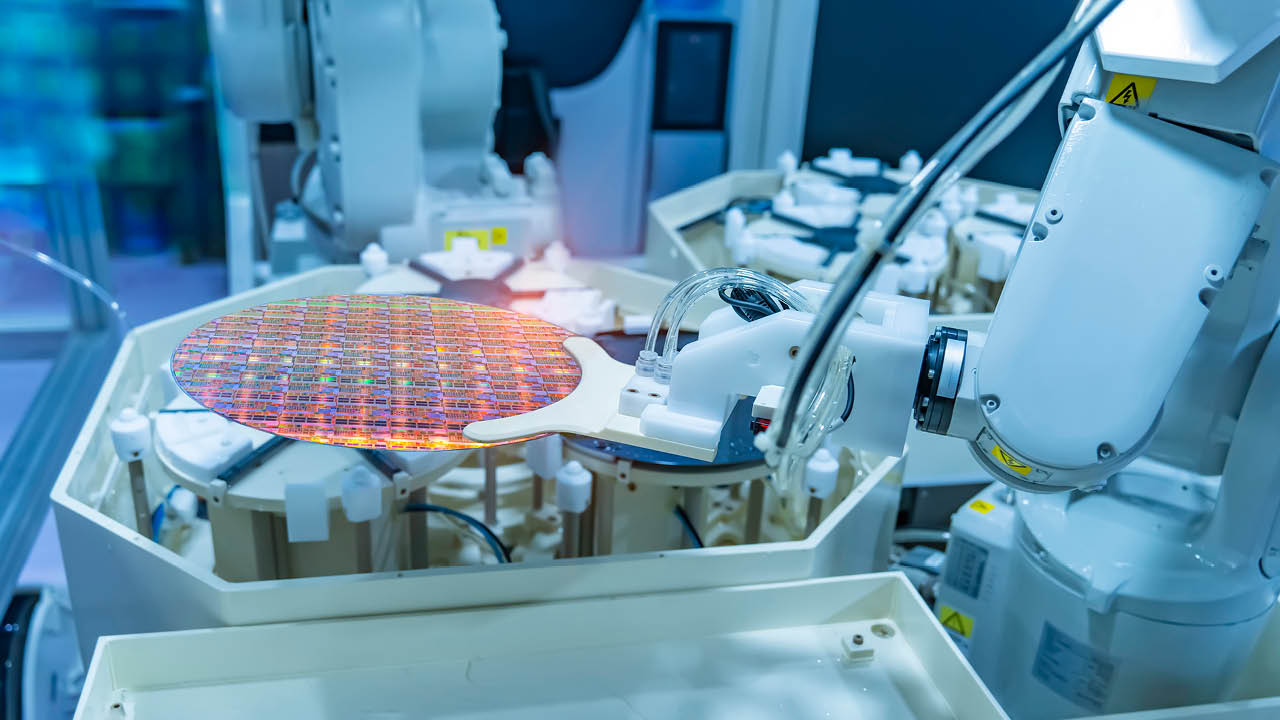 Silicon Wafers and Microcircuits with Automation system control application on automate robot arm